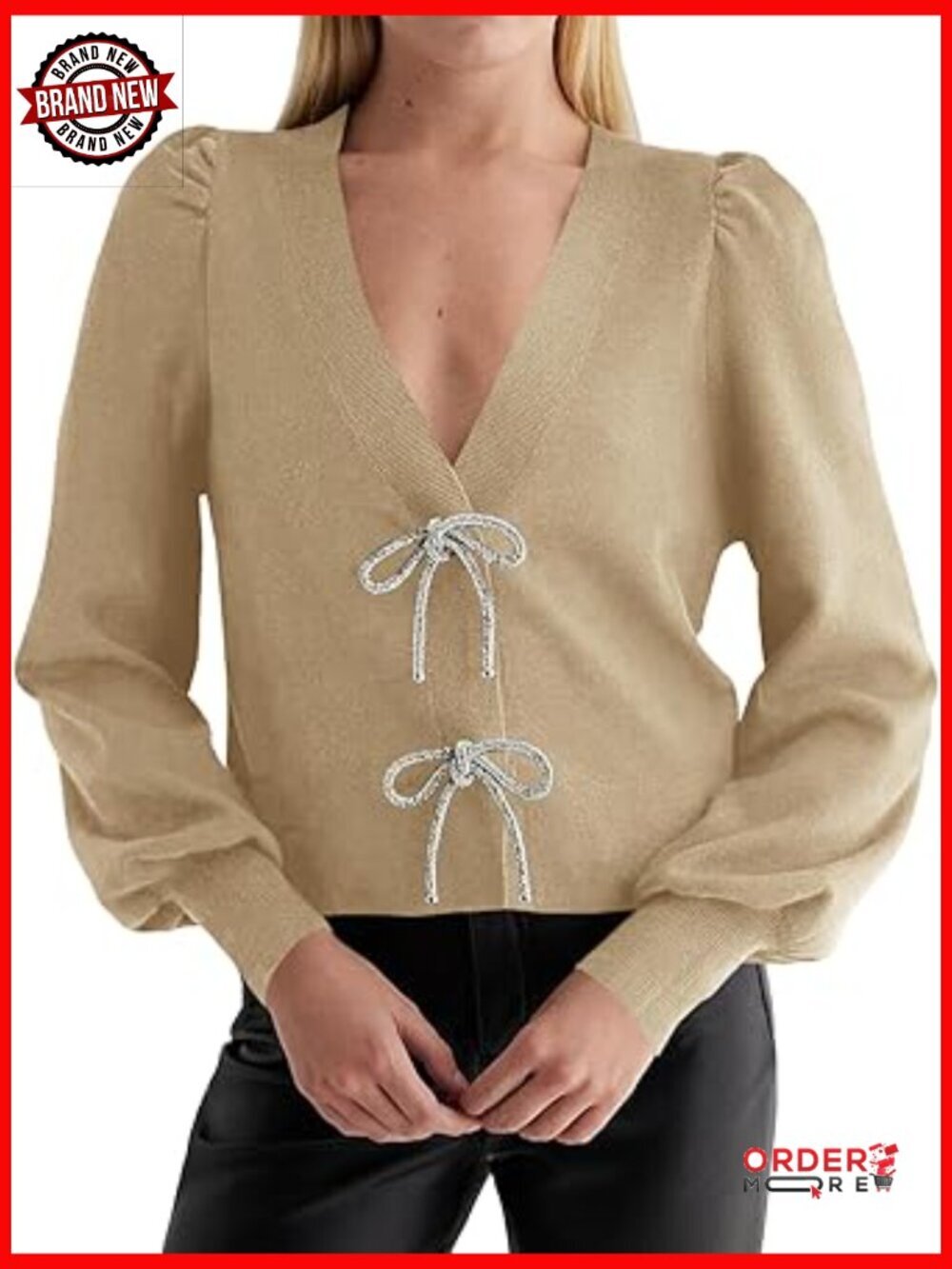 Women's V-Neck Cropped Cardigan Sweater Bow Button Front Lantern Sleeve